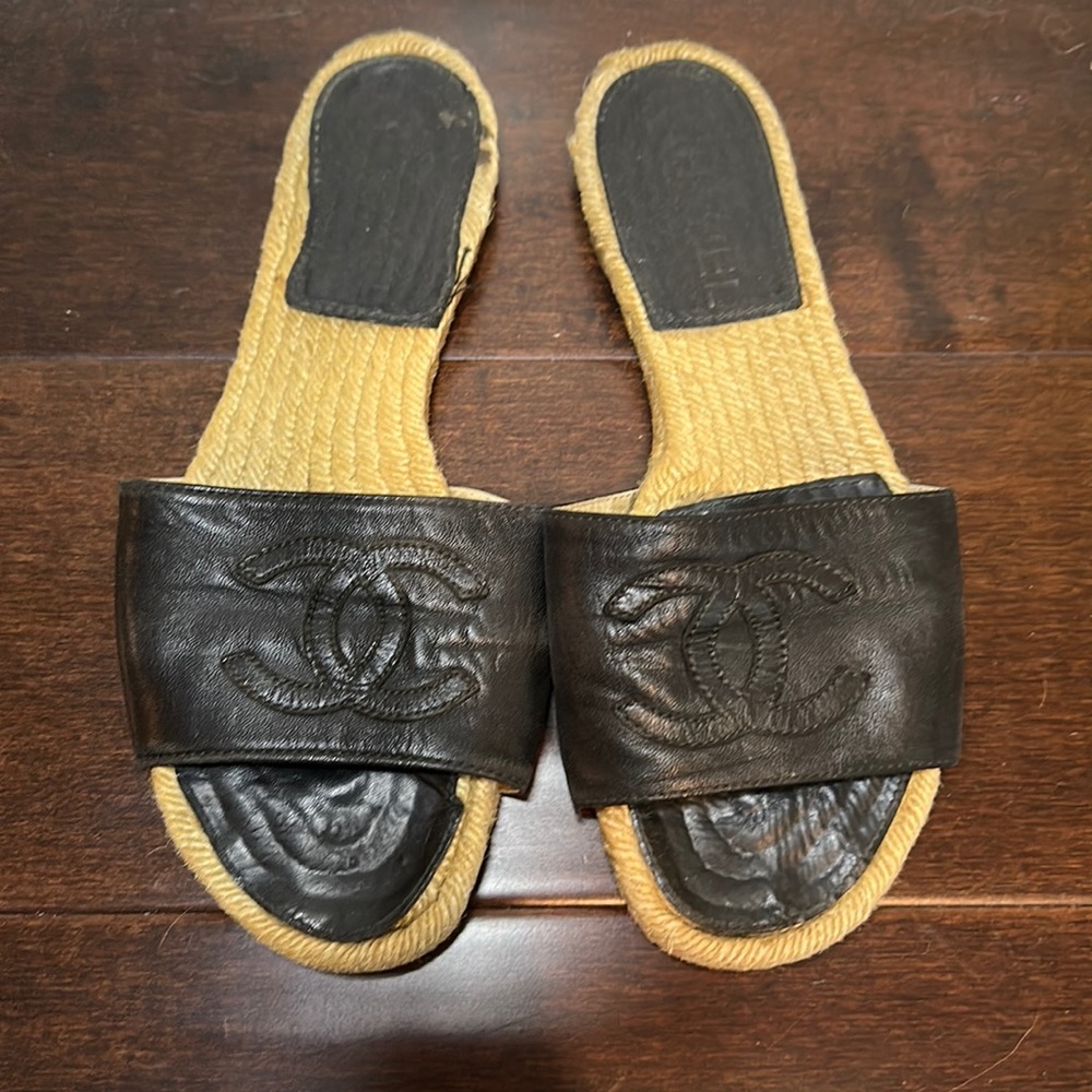Chanel Black Lamb Leather Slide Espadrille, Womens US 7.
